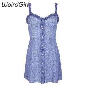Weirdgirl Women Summer fit and flare Sexy Dress flower Print button Halter Sleeveless Bodycon Dress Fashion Casual mini lady new